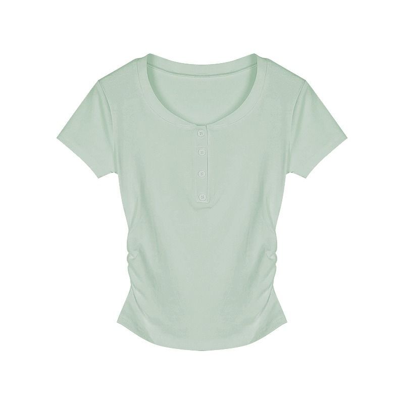 92% rayon ribbed short-sleeved T-shirt with 8% spandex and a flattering, round neck design. Features a pleated, slim fit and a fitted waist.