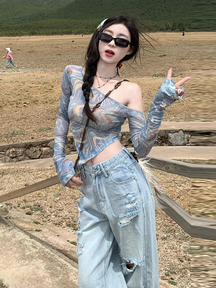 MR Original Fabric American Retro Tie-Dye Mesh Sunscreen Cover-Up Top Women's Thin Summer Off-Shoulder Hot