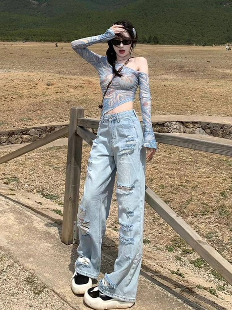 MR Original Fabric American Retro Tie-Dye Mesh Sunscreen Cover-Up Top Women's Thin Summer Off-Shoulder Hot