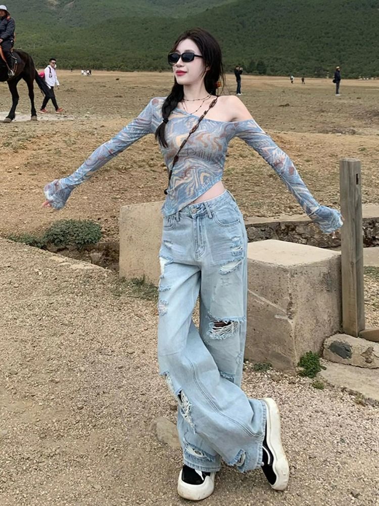 MR Original Fabric American Retro Tie-Dye Mesh Sunscreen Cover-Up Top Women's Thin Summer Off-Shoulder Hot