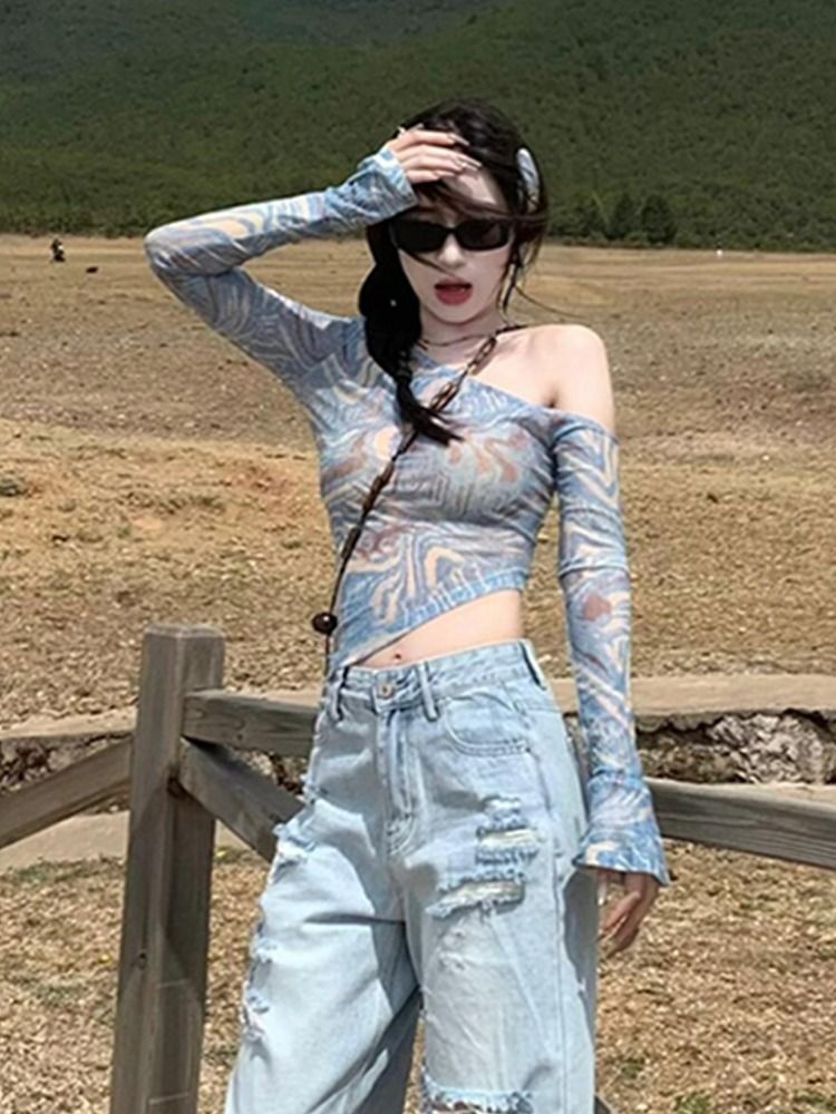 MR Original Fabric American Retro Tie-Dye Mesh Sunscreen Cover-Up Top Women's Thin Summer Off-Shoulder Hot