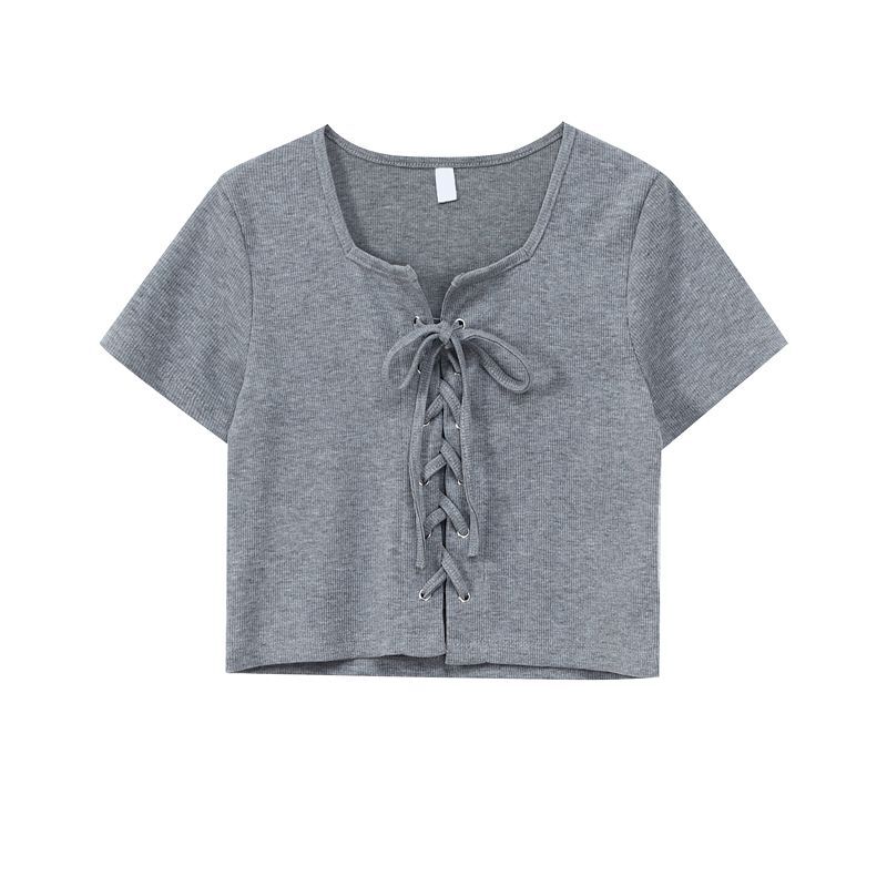 Women's short-sleeved gray T-shirt, slim fit, flattering, summer style, unique design, square neck top.