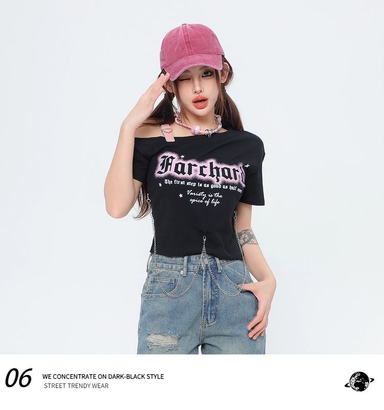 MR Original Style American-Style Star and Letter Print Short-Sleeve T-Shirt for Women, Sweet and Cool Style, Spicy Off-Shoulder with Chain