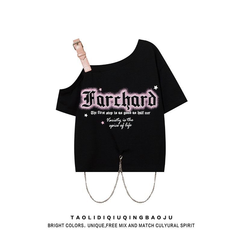 MR Original Style American-Style Star and Letter Print Short-Sleeve T-Shirt for Women, Sweet and Cool Style, Spicy Off-Shoulder with Chain