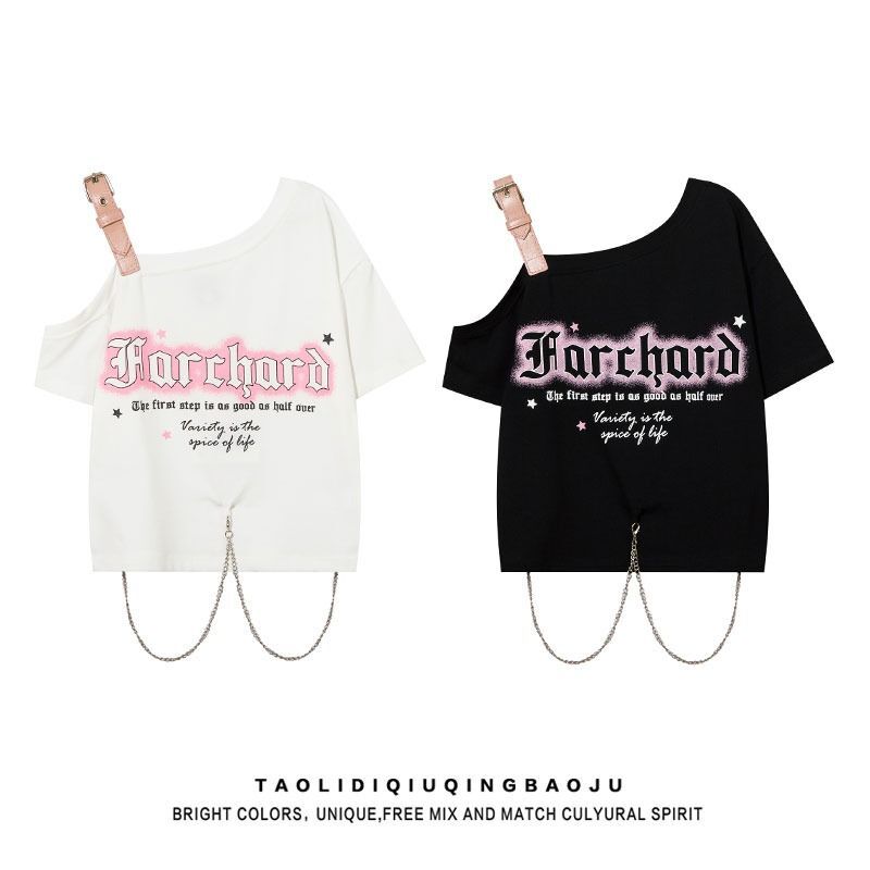 MR Original Style American-Style Star and Letter Print Short-Sleeve T-Shirt for Women, Sweet and Cool Style, Spicy Off-Shoulder with Chain