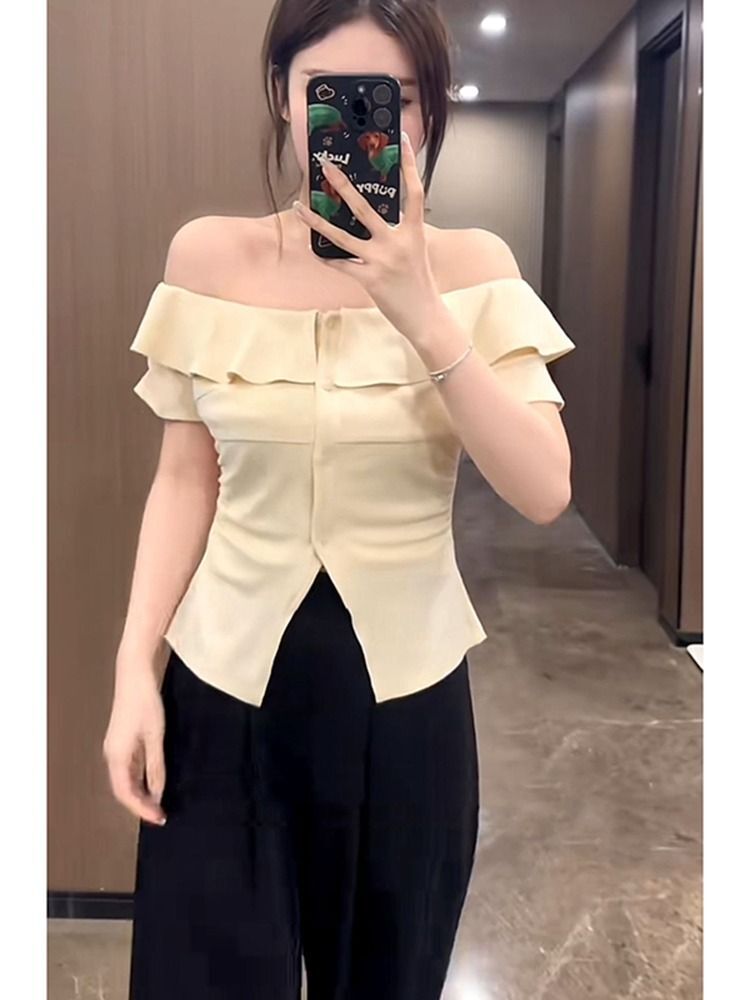 MR Original Recipe: Summer Dopamine Plus Size Slimming Faux Two-Piece Top for Women, Off-Shoulder Halter Neck