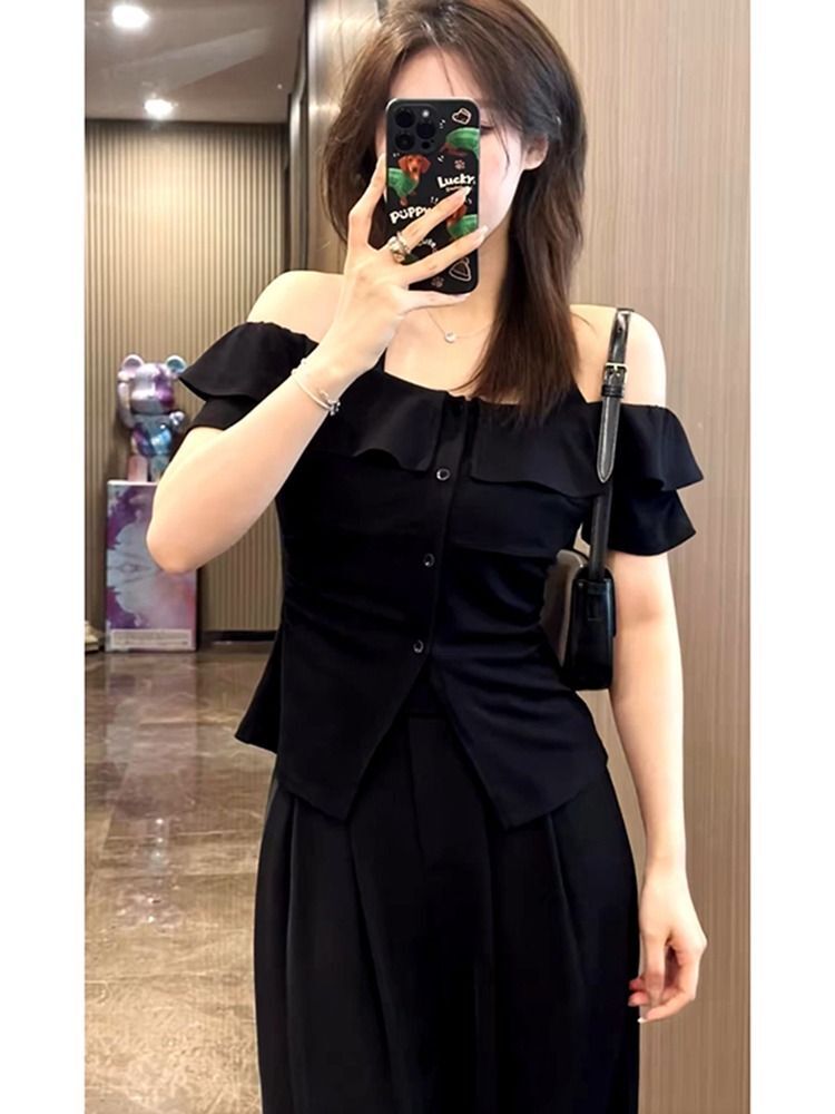 MR Original Recipe: Summer Dopamine Plus Size Slimming Faux Two-Piece Top for Women, Off-Shoulder Halter Neck