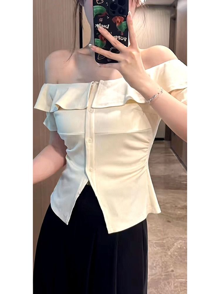 MR Original Recipe: Summer Dopamine Plus Size Slimming Faux Two-Piece Top for Women, Off-Shoulder Halter Neck