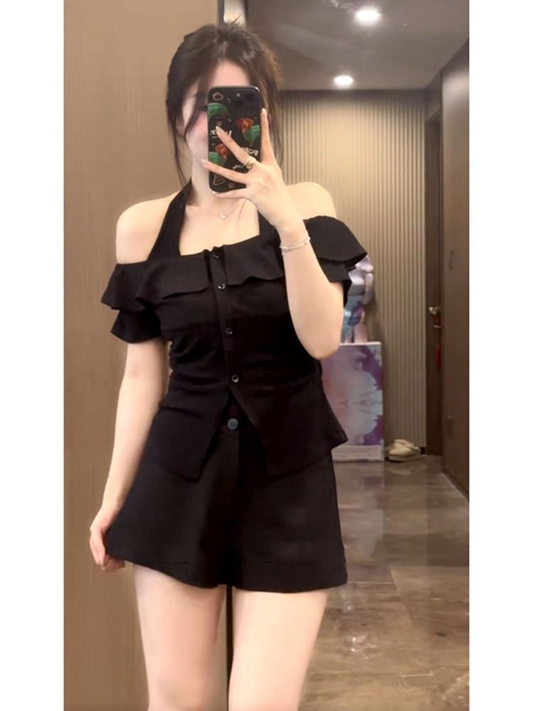 MR Original Recipe: Summer Dopamine Plus Size Slimming Faux Two-Piece Top for Women, Off-Shoulder Halter Neck