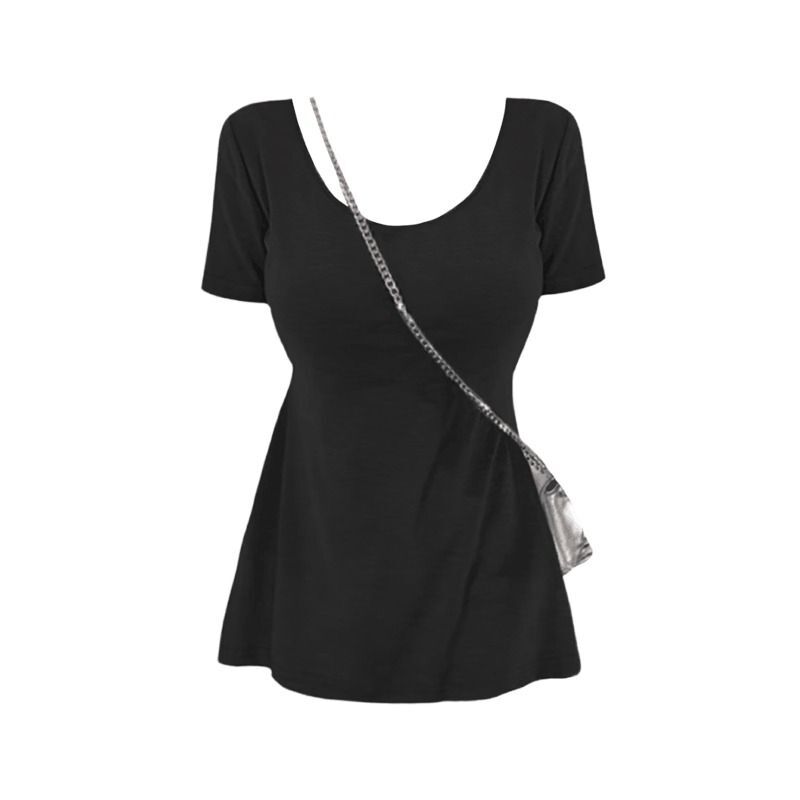 MR Grey U-Neck Short-Sleeve Top with Straight Shoulders - Unique Design, Mid-Length, Sweet and Spicy Style