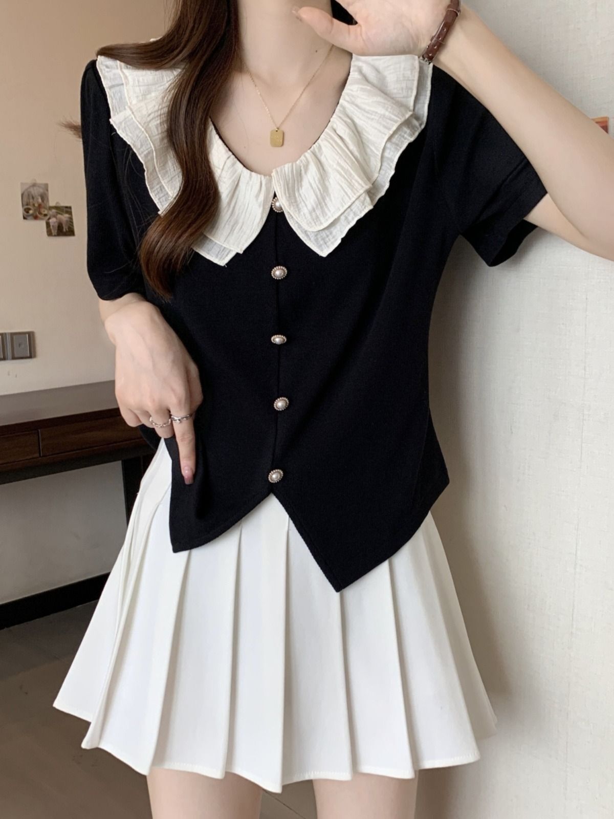 MR Original Style Plus Size French Ruffled Shoulder Short-Sleeve Shirt for Women, Summer Slimming Top