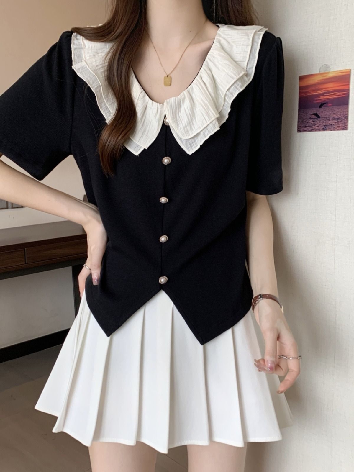 MR Original Style Plus Size French Ruffled Shoulder Short-Sleeve Shirt for Women, Summer Slimming Top