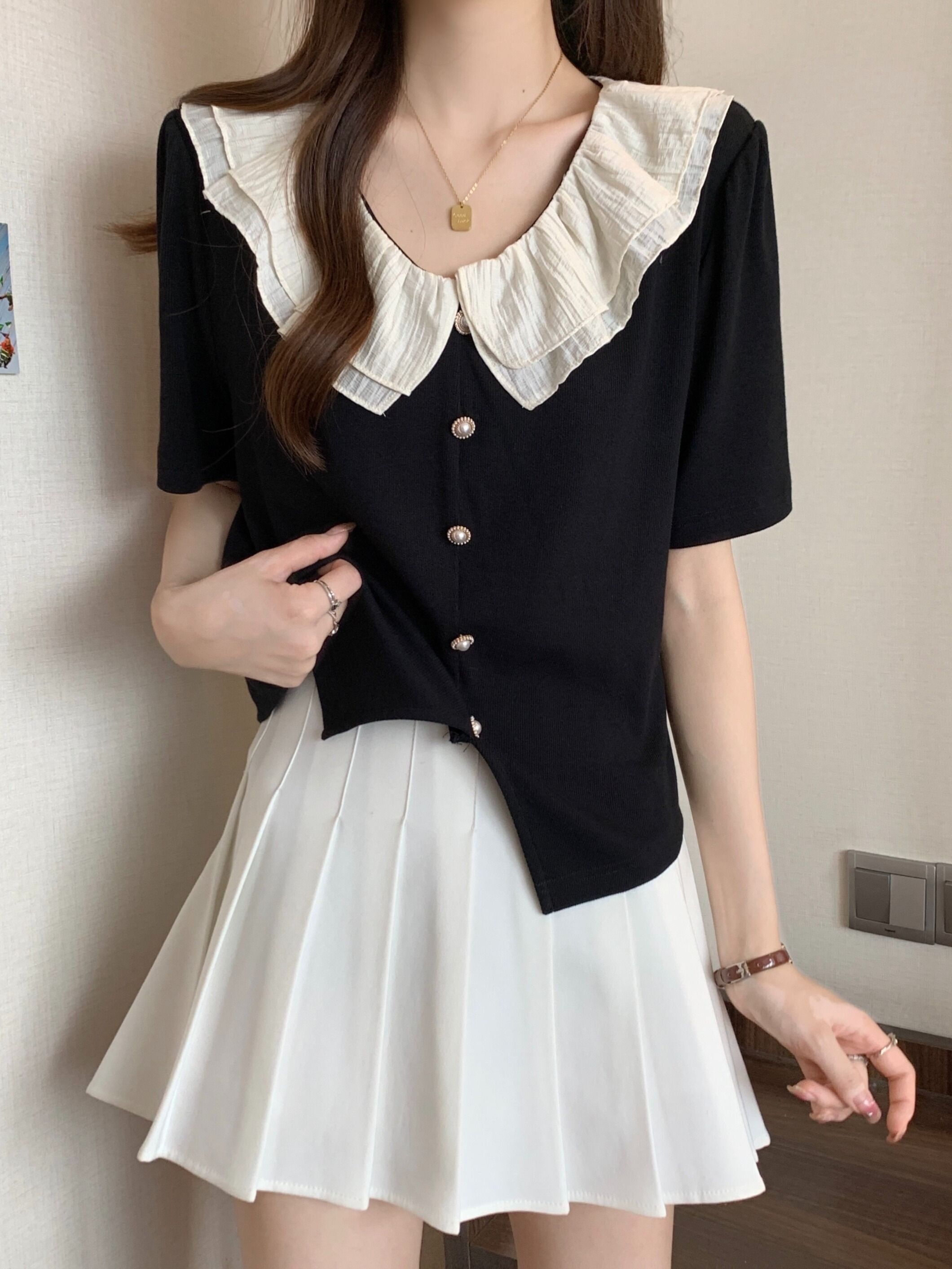 MR Original Style Plus Size French Ruffled Shoulder Short-Sleeve Shirt for Women, Summer Slimming Top