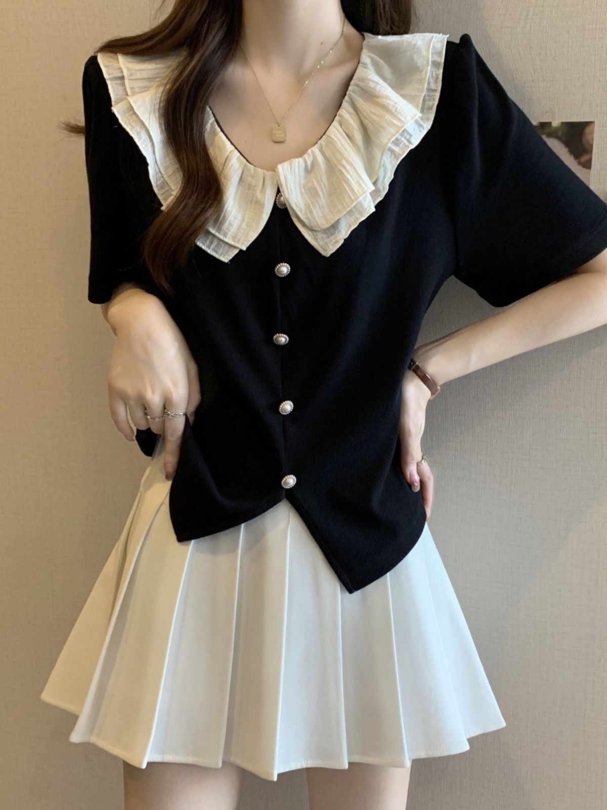 MR Original Style Plus Size French Ruffled Shoulder Short-Sleeve Shirt for Women, Summer Slimming Top