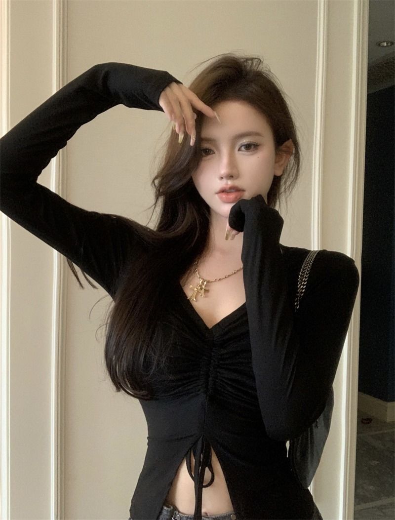 MR Original Style Pure and Delicate Bust-Enhancing Top with Drawstring Waist for a Slimming Effect - Unique Flared Long-Sleeve T-Shirt