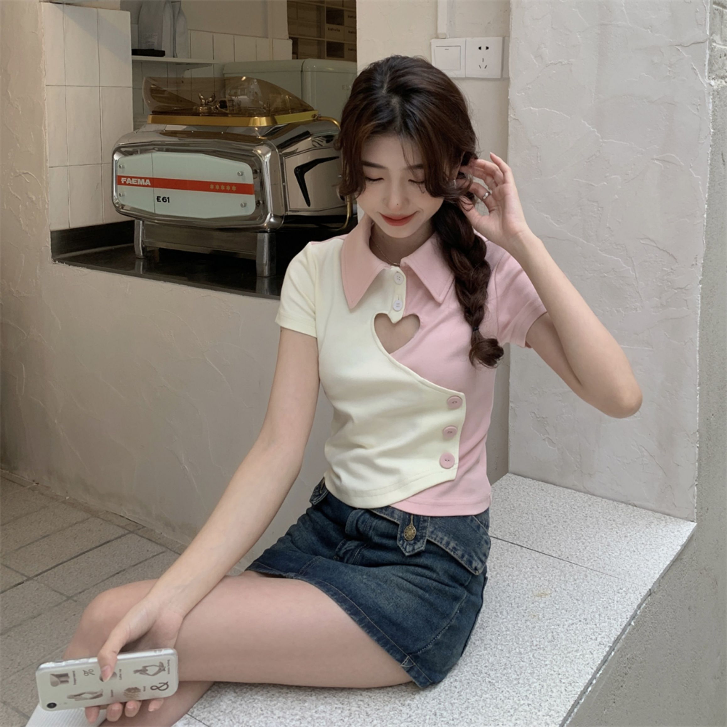Women's Spring/Summer Korean Style Sweet and Spicy Short-Sleeved Polo Shirt with Hollow-Out Heart Color Block