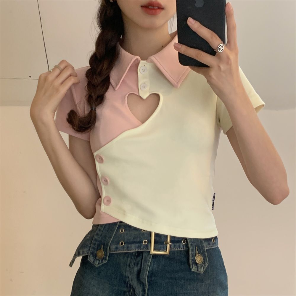 Women's Spring/Summer Korean Style Sweet and Spicy Short-Sleeved Polo Shirt with Hollow-Out Heart Color Block