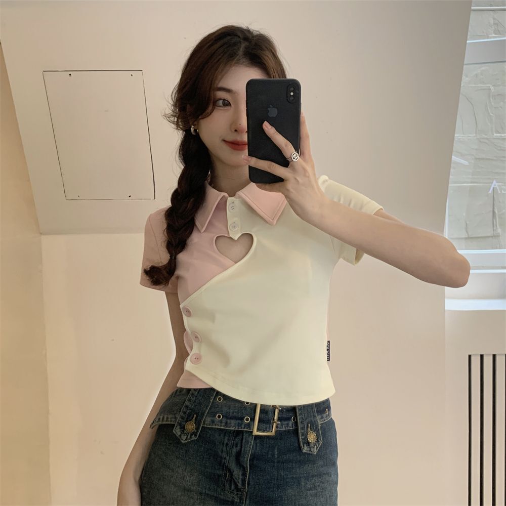 Women's Spring/Summer Korean Style Sweet and Spicy Short-Sleeved Polo Shirt with Hollow-Out Heart Color Block