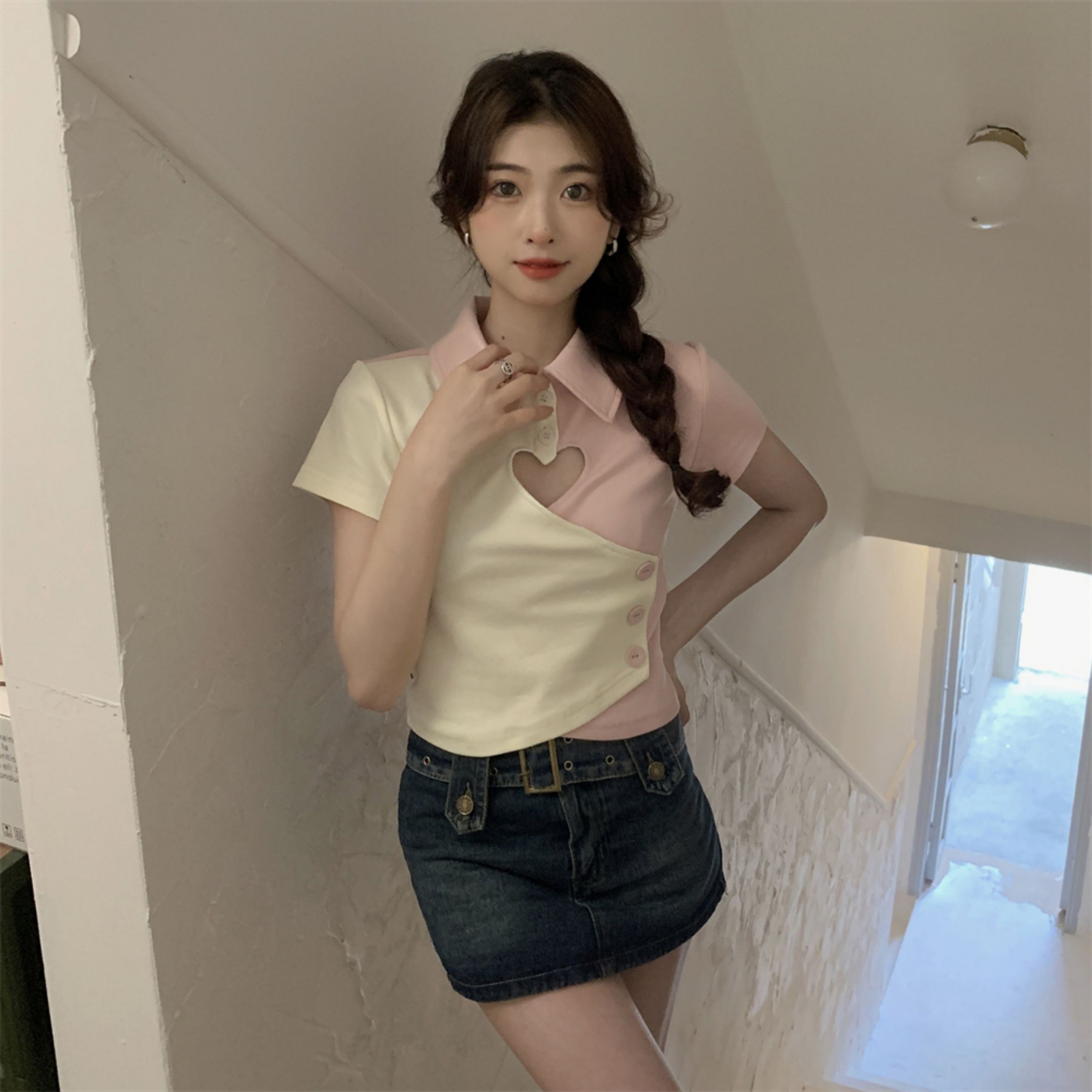 Women's Spring/Summer Korean Style Sweet and Spicy Short-Sleeved Polo Shirt with Hollow-Out Heart Color Block