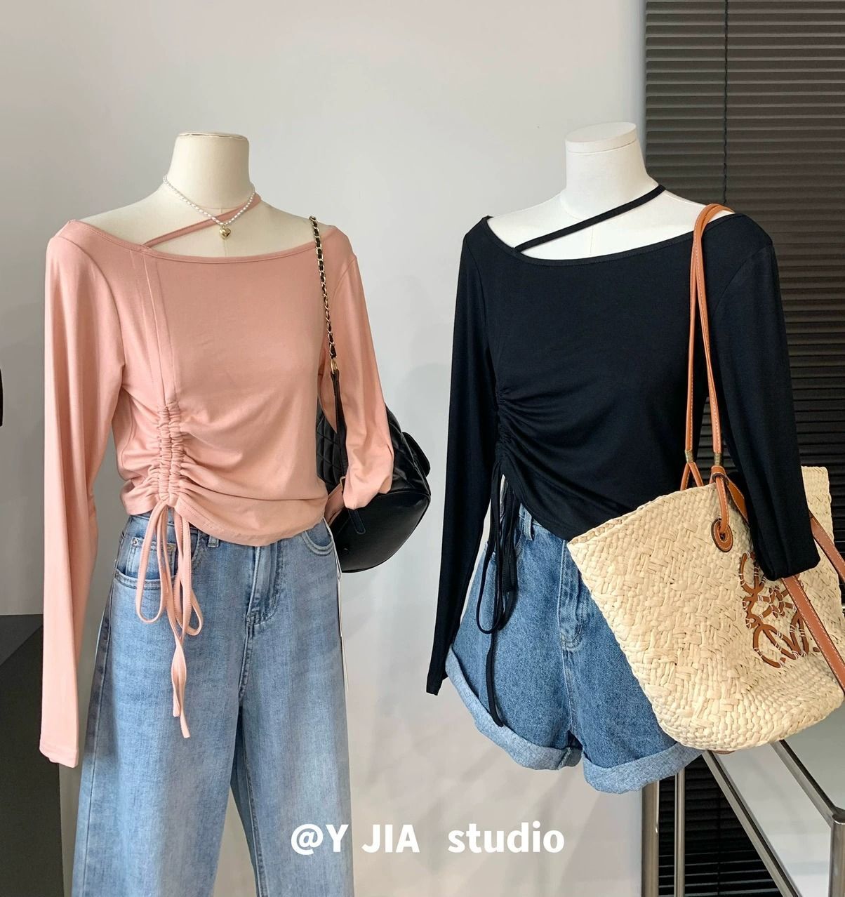 Official Images: Summer Thin Off-Shoulder Halter Neck T-Shirt for Women, Unique Design, Slim Fit, Long Sleeves, Side Drawstring Top