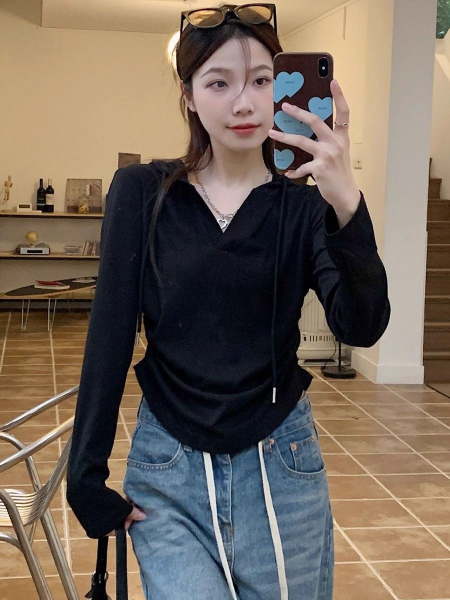 MR Plus Size Hooded Long-Sleeve T-Shirt for Women, Autumn/Winter, Slimming Base Layer, Short Style