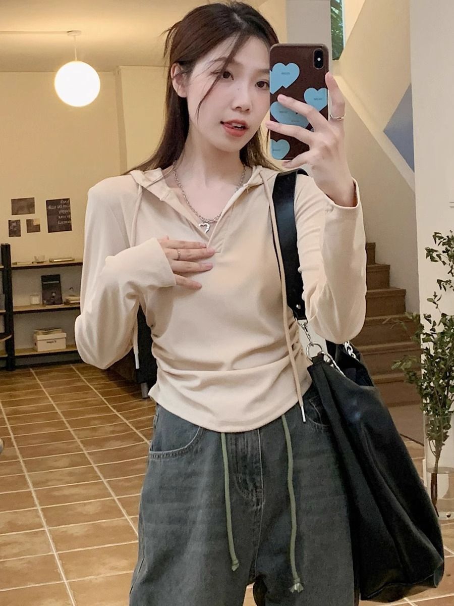 MR Plus Size Hooded Long-Sleeve T-Shirt for Women, Autumn/Winter, Slimming Base Layer, Short Style