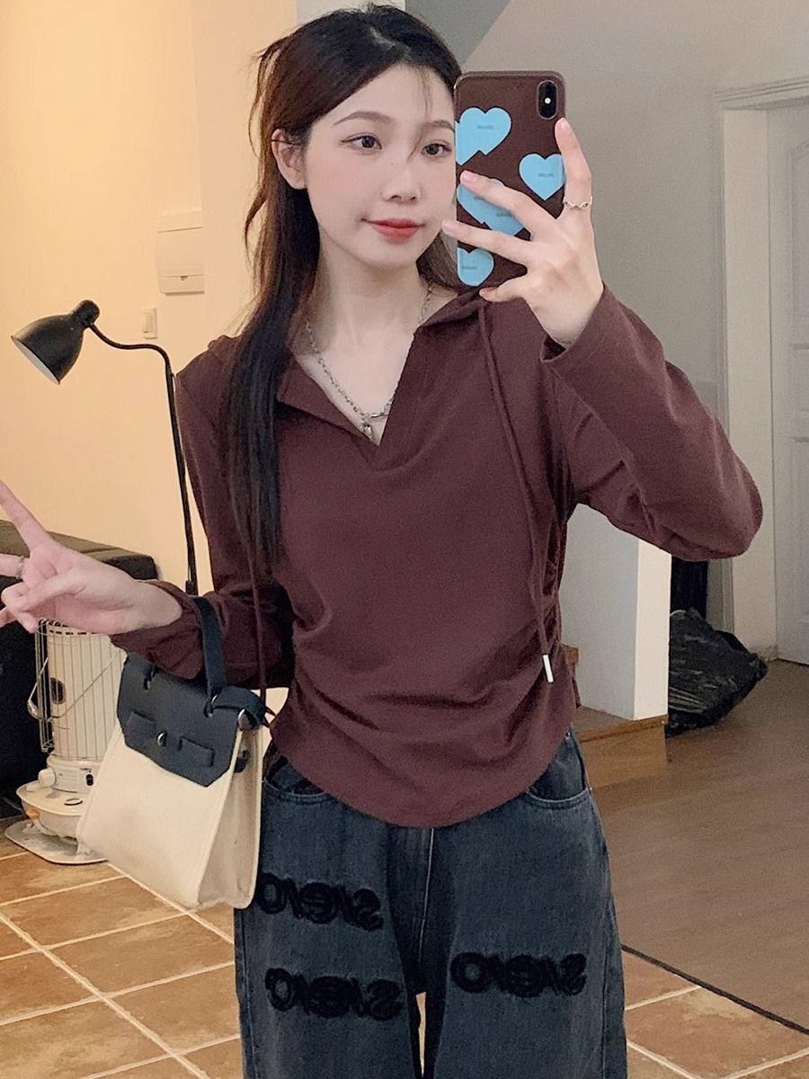 MR Plus Size Hooded Long-Sleeve T-Shirt for Women, Autumn/Winter, Slimming Base Layer, Short Style