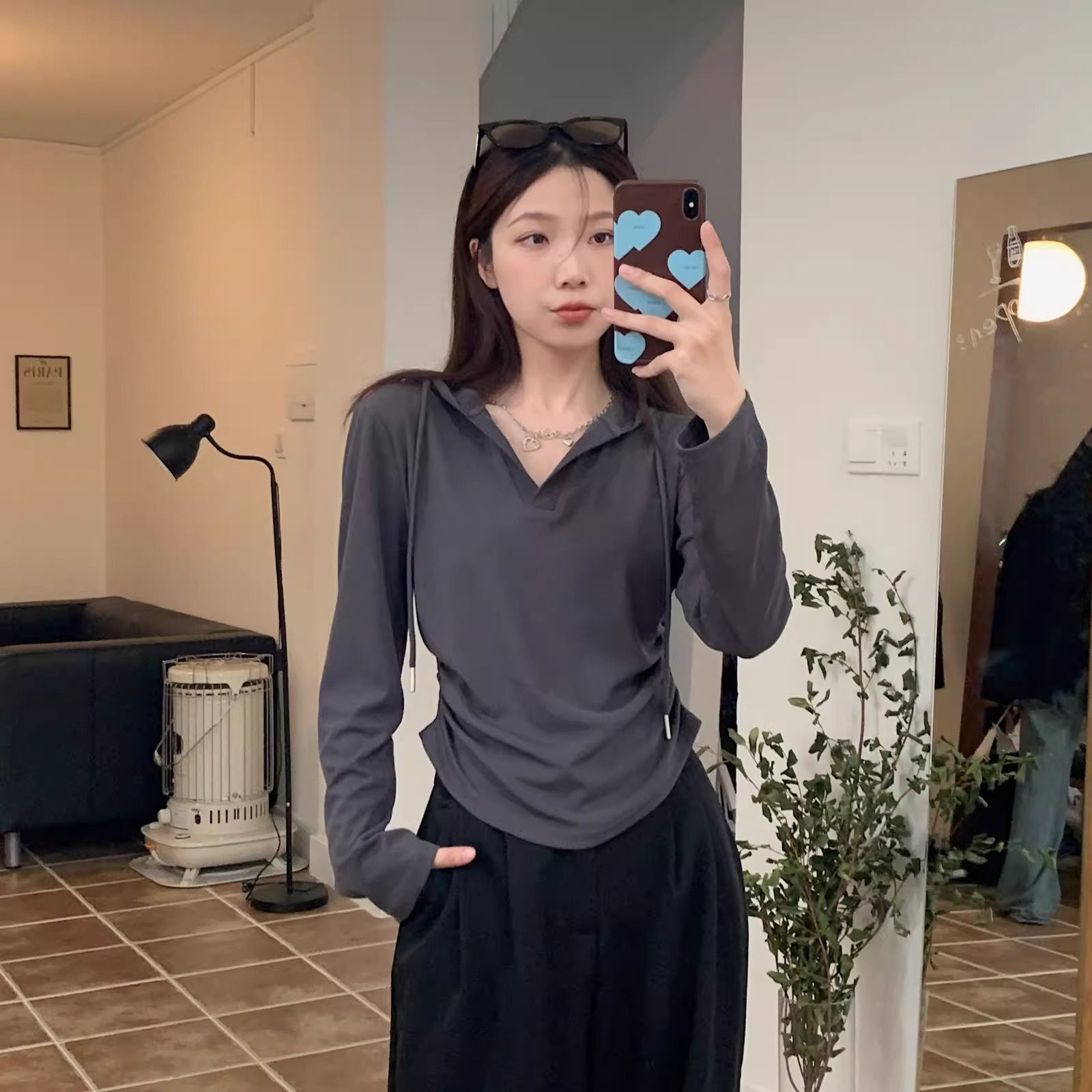 MR Plus Size Hooded Long-Sleeve T-Shirt for Women, Autumn/Winter, Slimming Base Layer, Short Style