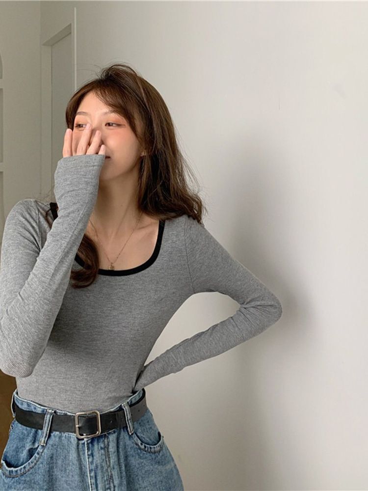 MR High-elastic Ribbed Long-Sleeve T-Shirt for Women, Collarbone Style, Autumn Inner Layer, Base Layer, Short Top