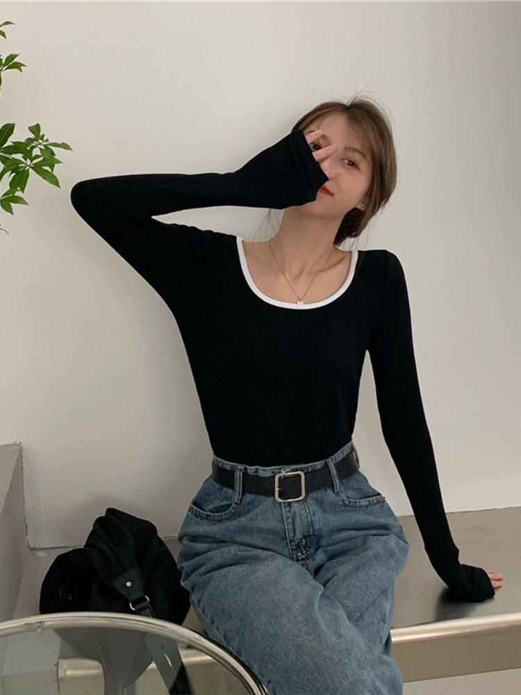 MR High-elastic Ribbed Long-Sleeve T-Shirt for Women, Collarbone Style, Autumn Inner Layer, Base Layer, Short Top
