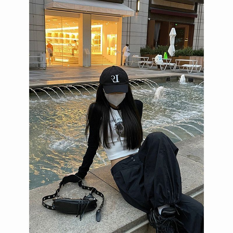 MR American Retro Raglan Long Sleeve T-Shirt Women's Base Layer Slim Fit Sexy Style Short Top with Shoulder Cover