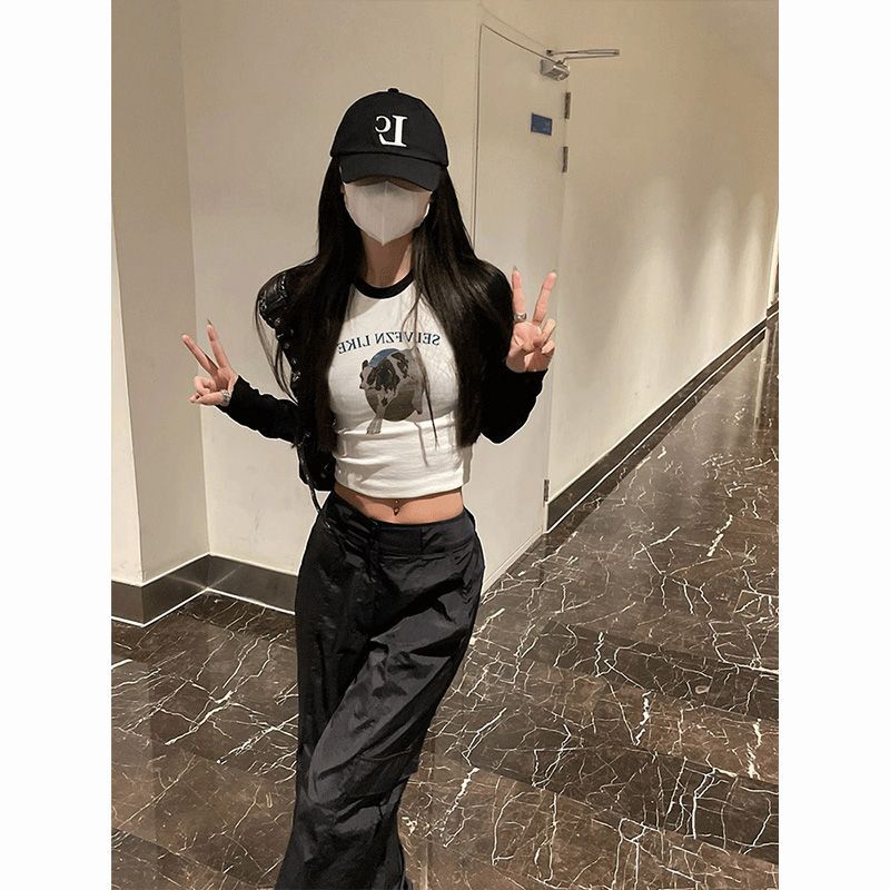 MR American Retro Raglan Long Sleeve T-Shirt Women's Base Layer Slim Fit Sexy Style Short Top with Shoulder Cover