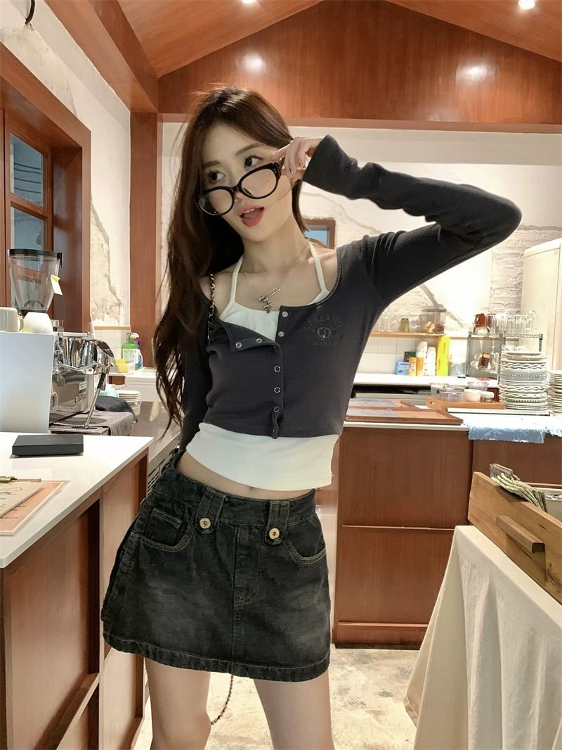 MR Chic Faux Two-Piece Sexy Long-Sleeved T-Shirt Women's Autumn Design Niche Slim Fit Short Top