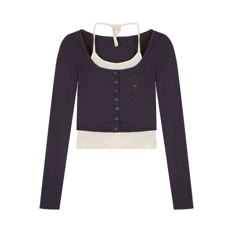 MR Chic Faux Two-Piece Sexy Long-Sleeved T-Shirt Women's Autumn Design Niche Slim Fit Short Top