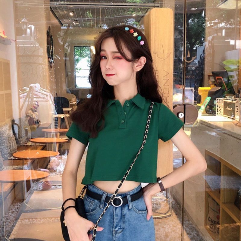 Summer Korean style polo shirt, versatile, slimming, high-waisted, cropped, short-sleeved t-shirt, women's clothing 202