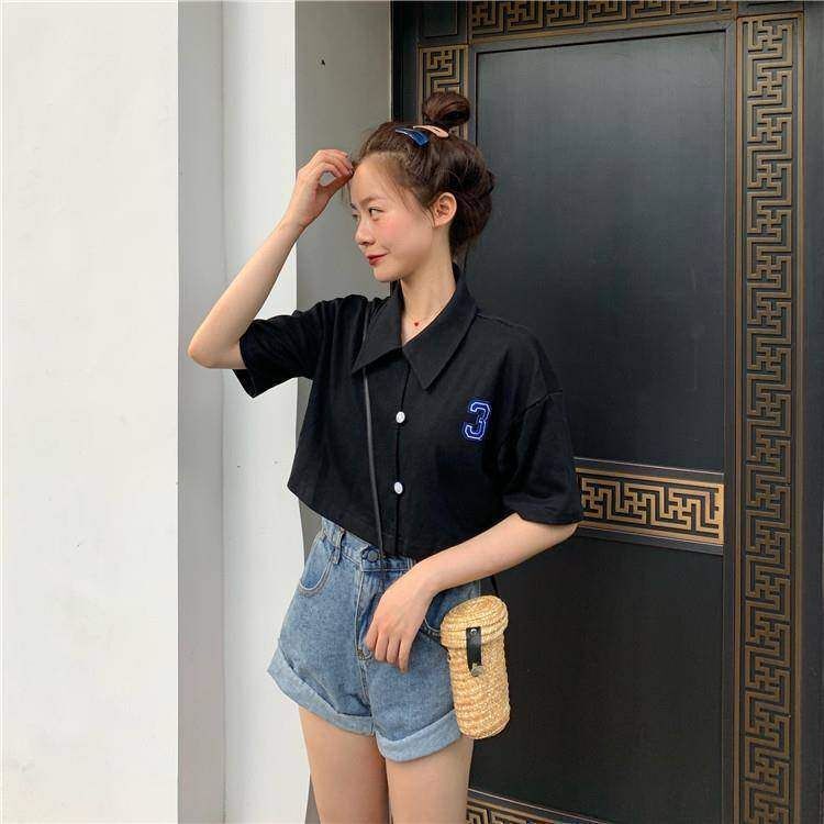 Summer Retro Polo Neck Short Sleeve T-Shirt for Female Students, Korean Style, Slimming, Versatile, Crop Top