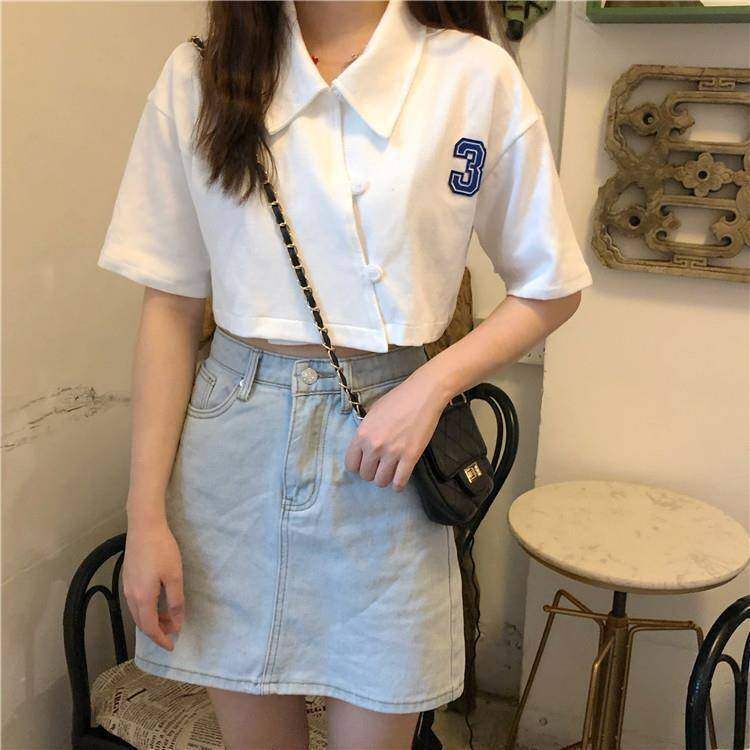 Summer Retro Polo Neck Short Sleeve T-Shirt for Female Students, Korean Style, Slimming, Versatile, Crop Top