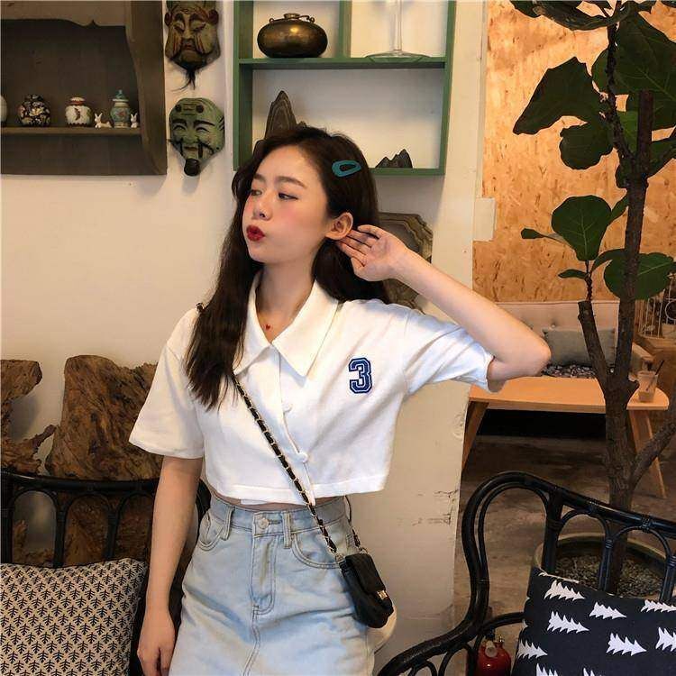 Summer Retro Polo Neck Short Sleeve T-Shirt for Female Students, Korean Style, Slimming, Versatile, Crop Top