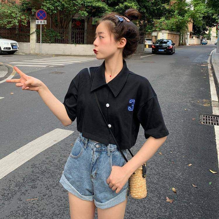 Summer Retro Polo Neck Short Sleeve T-Shirt for Female Students, Korean Style, Slimming, Versatile, Crop Top