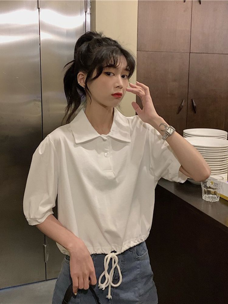 Short-sleeved trendy women's base layer top, Korean retro polo collar design, unique gray t-shirt, slimming