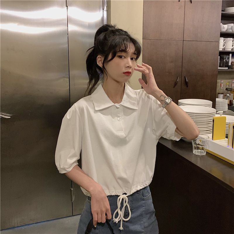 Short-sleeved trendy women's base layer top, Korean retro polo collar design, unique gray t-shirt, slimming