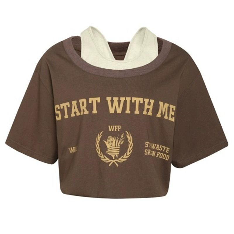 Official photos, actual price, short-sleeved off-shoulder faux two-piece T-shirt for women, summer loose fit, unique design, pure and alluring temperament.