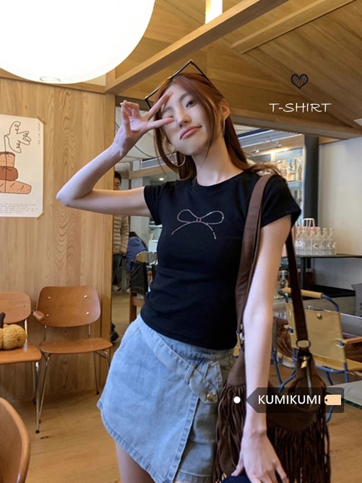 1*1 Pure Cotton High Elasticity Rhinestone Bow Short-Sleeve T-Shirt for Women, Summer Black Sexy Top