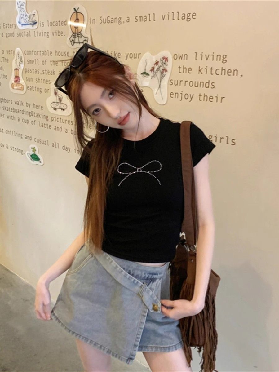 1*1 Pure Cotton High Elasticity Rhinestone Bow Short-Sleeve T-Shirt for Women, Summer Black Sexy Top