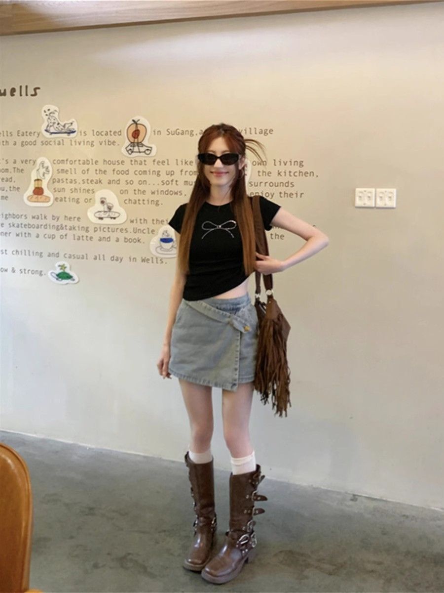 1*1 Pure Cotton High Elasticity Rhinestone Bow Short-Sleeve T-Shirt for Women, Summer Black Sexy Top