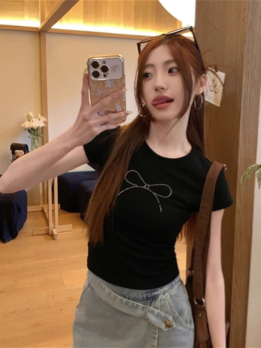 1*1 Pure Cotton High Elasticity Rhinestone Bow Short-Sleeve T-Shirt for Women, Summer Black Sexy Top