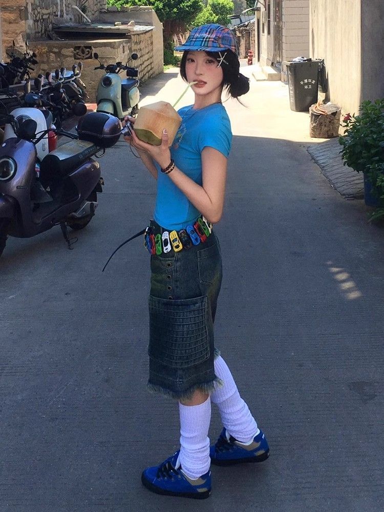 1*1 Pure Cotton High Elasticity New Summer Short-Sleeved Top, Fits Well with High-Waisted Pants, Slimming and Stylish