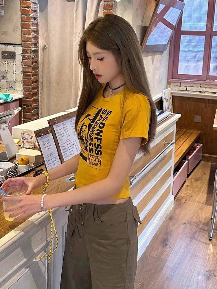 1*1 Pure Cotton High Elasticity New Summer Short-Sleeved Top, Fits Well with High-Waisted Pants, Slimming and Stylish