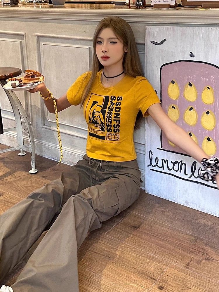 1*1 Pure Cotton High Elasticity New Summer Short-Sleeved Top, Fits Well with High-Waisted Pants, Slimming and Stylish