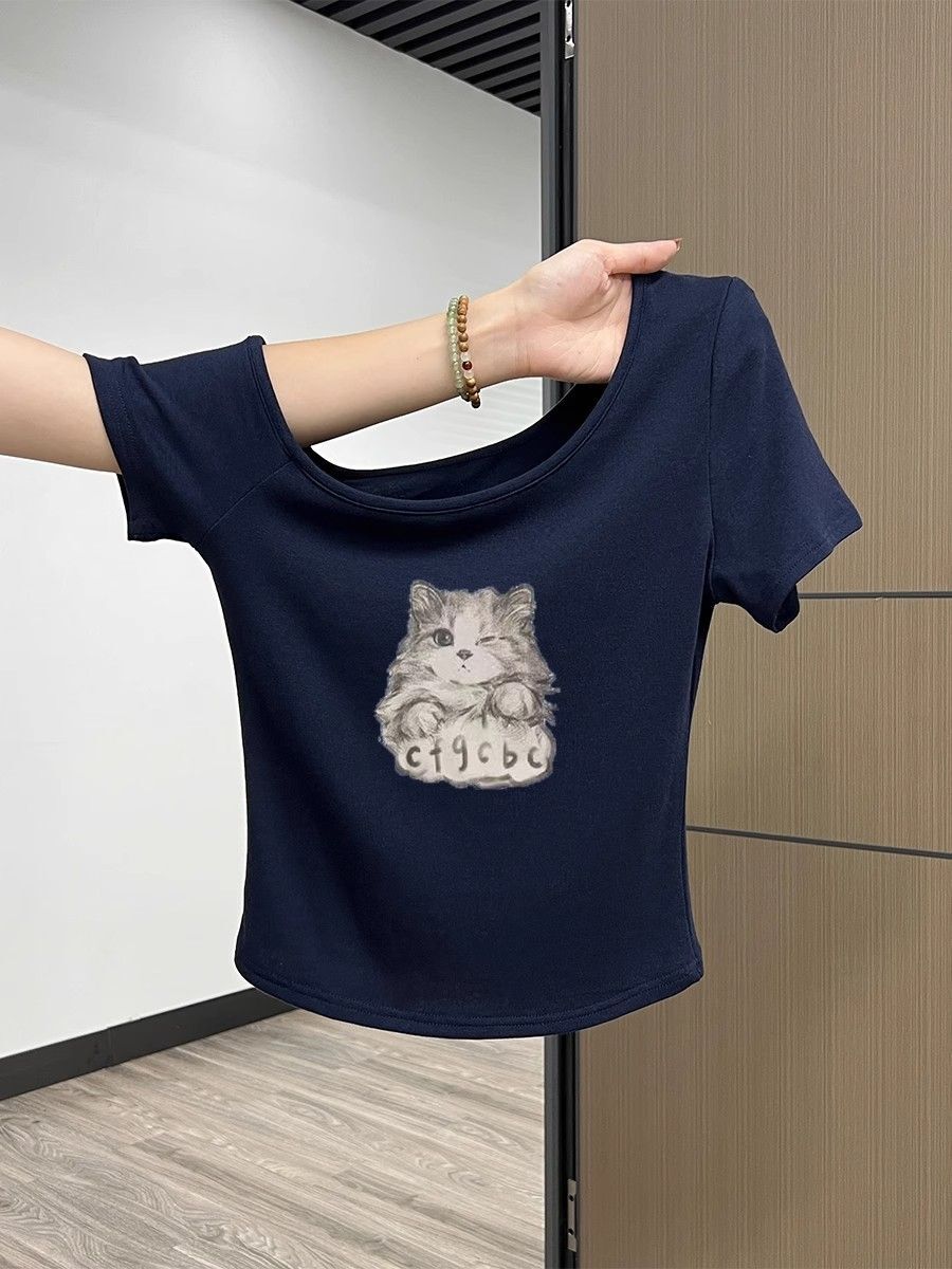 Korean style navy blue off-shoulder slim-fit short-sleeved t-shirt for women, new summer style, petite, short, pure cotton, absolutely gorgeous top.